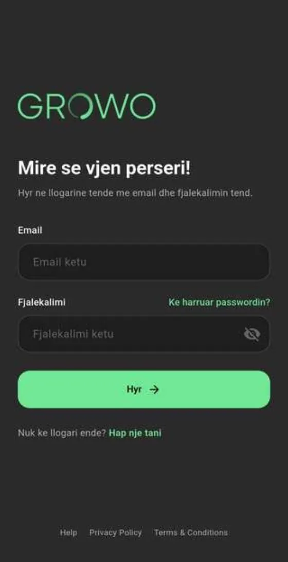 Ekrani i hyrjes në aplikacionin Growo